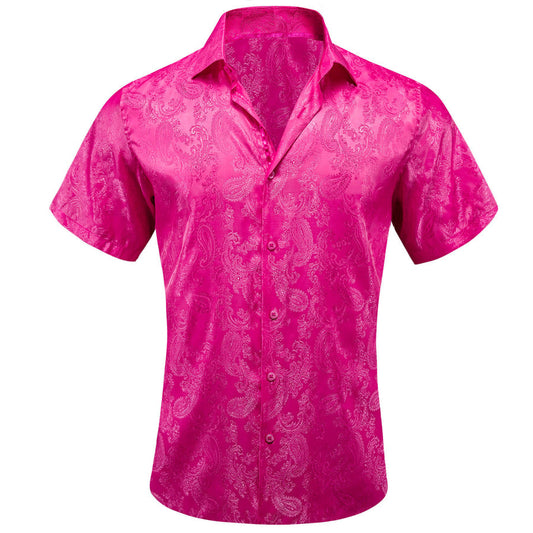 Deep Pink Woven Paisley Silk Dress Shirt shirt S   - Sophisticated Gentlemen