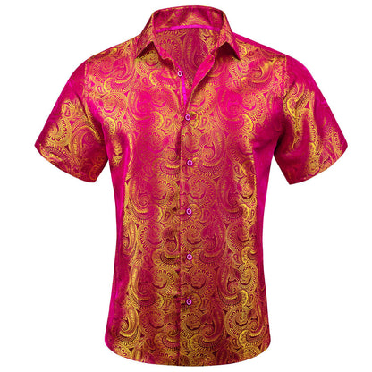 Deep Pink Yellow Paisley Men's Silk Dress Shirt shirt S   - Sophisticated Gentlemen