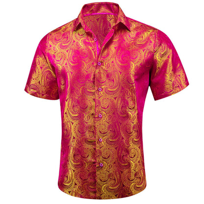 Deep Pink Yellow Paisley Men's Silk Dress Shirt shirt    - Sophisticated Gentlemen
