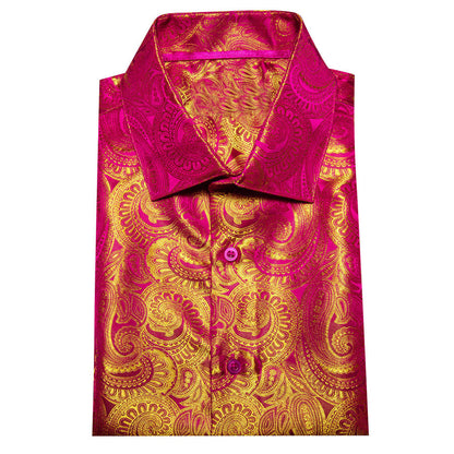 Deep Pink Yellow Paisley Men's Silk Dress Shirt shirt    - Sophisticated Gentlemen