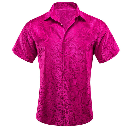 Hot Pink Jacquard Floral Men's Silk Dress Shirt shirt S   - Sophisticated Gentlemen