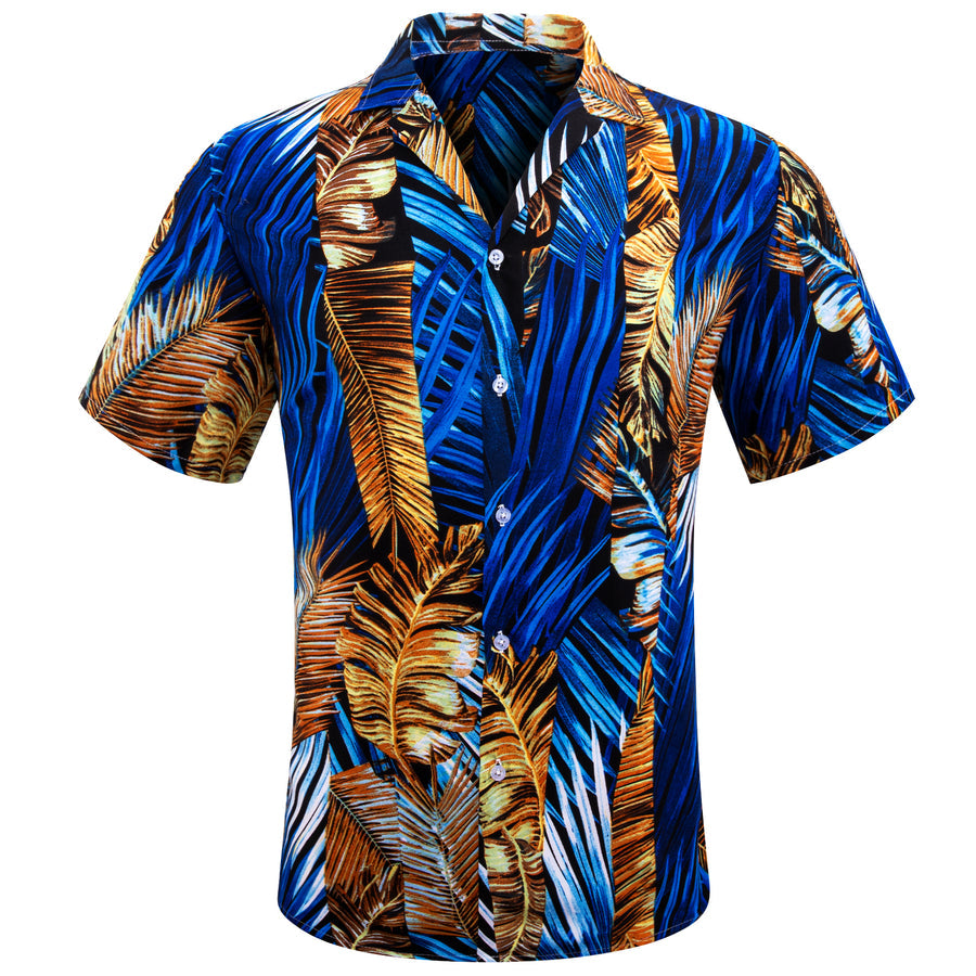 Blue Gold Leaves Novelty Men's Dress Shirt shirt S   - Sophisticated Gentlemen