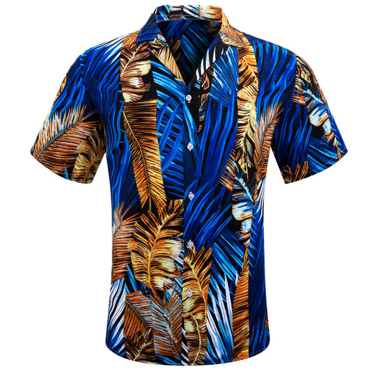 Blue Gold Leaves Novelty Men's Dress Shirt shirt S   - Sophisticated Gentlemen
