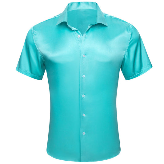 Lake Blue Satin Solid Silk Dress Shirt shirt S   - Sophisticated Gentlemen