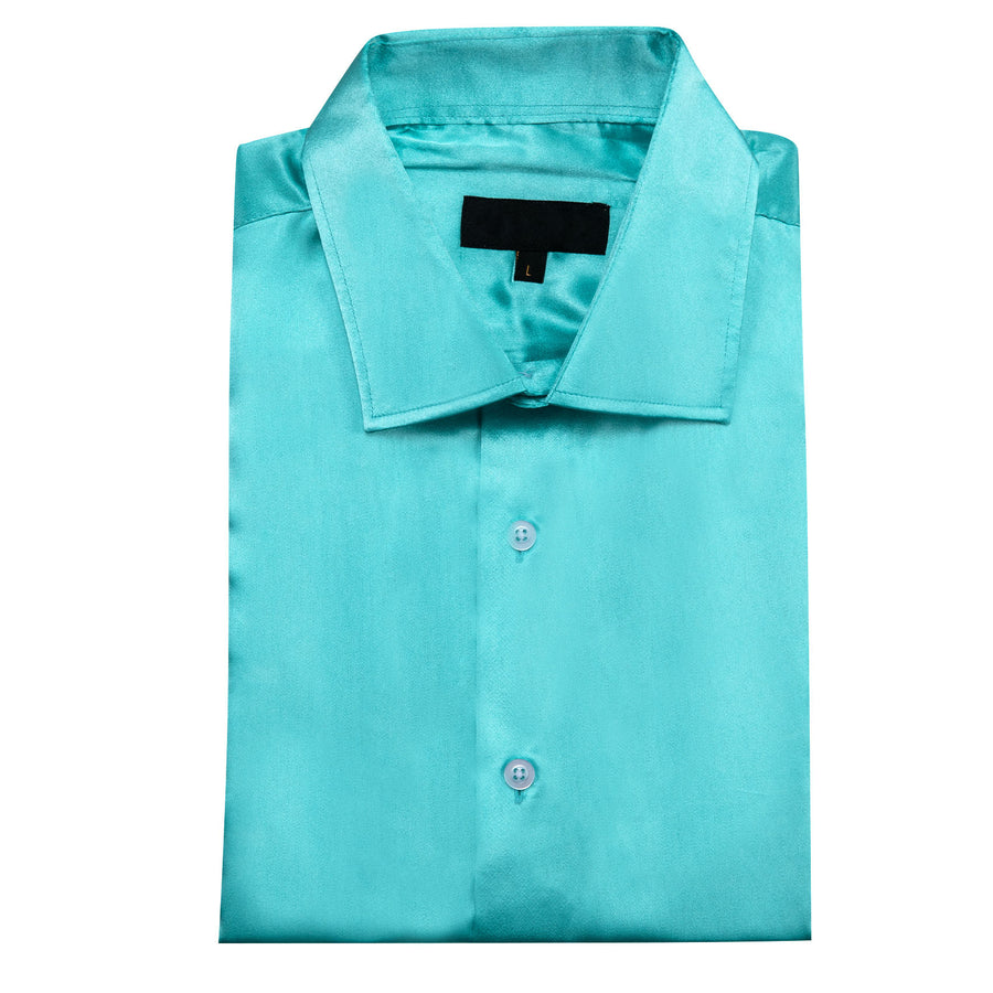 Lake Blue Satin Solid Silk Dress Shirt shirt    - Sophisticated Gentlemen