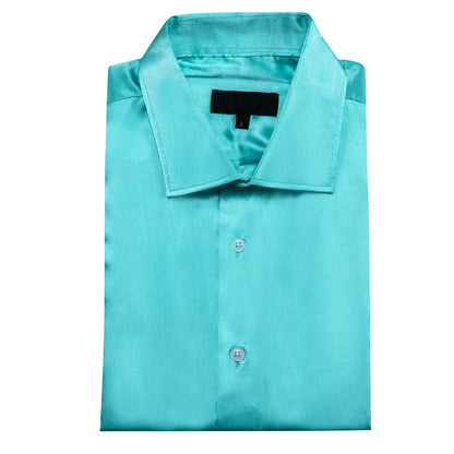Lake Blue Satin Solid Silk Dress Shirt shirt    - Sophisticated Gentlemen