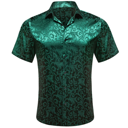 Dark Green Floral Silk Dress Shirt shirt S   - Sophisticated Gentlemen
