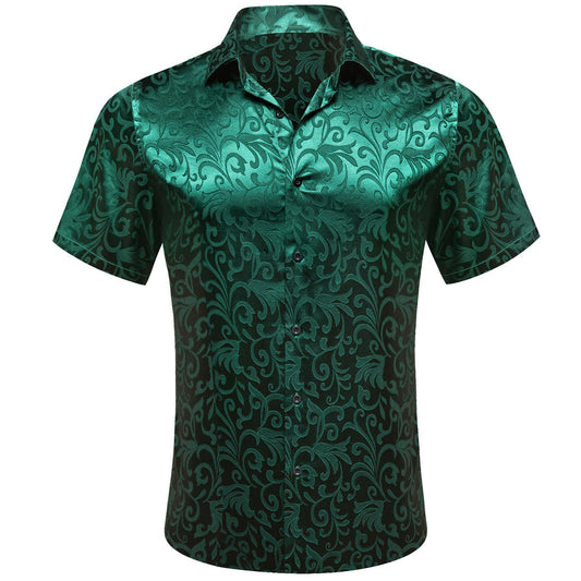 Dark Green Floral Silk Dress Shirt shirt S   - Sophisticated Gentlemen