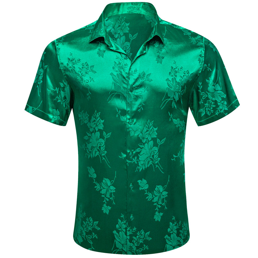 Emerald Green Floral Satin Silk Dress Shirt shirt S   - Sophisticated Gentlemen