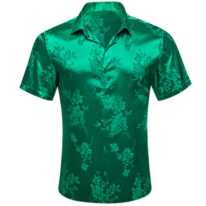 Emerald Green Floral Satin Silk Dress Shirt shirt S   - Sophisticated Gentlemen