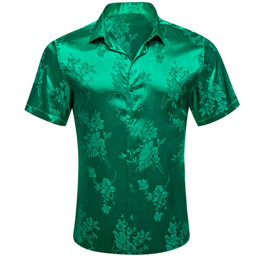 Emerald Green Floral Satin Silk Dress Shirt shirt S   - Sophisticated Gentlemen