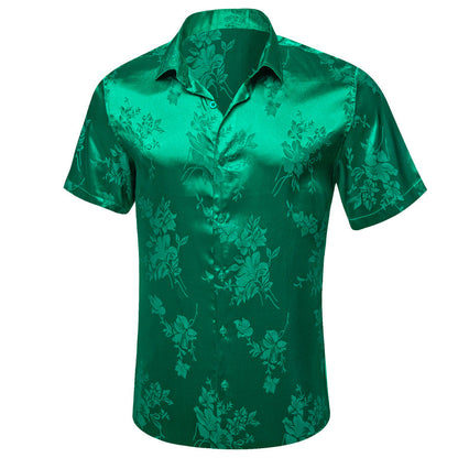 Emerald Green Floral Satin Silk Dress Shirt shirt    - Sophisticated Gentlemen