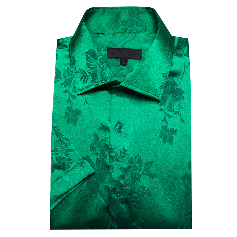 Emerald Green Floral Satin Silk Dress Shirt shirt    - Sophisticated Gentlemen