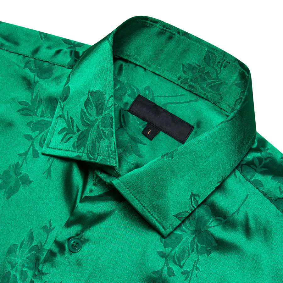 Emerald Green Floral Satin Silk Dress Shirt shirt    - Sophisticated Gentlemen