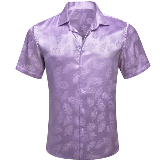 Lilac Purple Floral Leaf Silk Dress Shirt shirt S   - Sophisticated Gentlemen