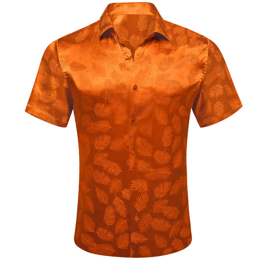 Orange Floral Leaf Silk Dress Shirt shirt S   - Sophisticated Gentlemen