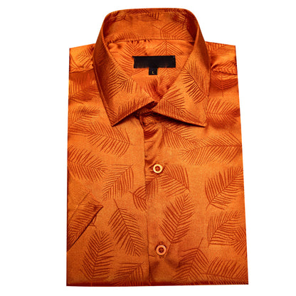 Orange Floral Leaf Silk Dress Shirt shirt    - Sophisticated Gentlemen