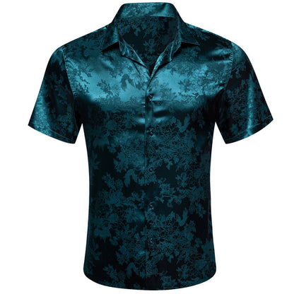 Nile Blue Floral Leaf Silk Dress Shirt shirt S   - Sophisticated Gentlemen