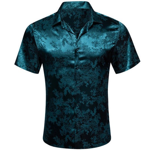 Nile Blue Floral Leaf Silk Dress Shirt shirt S   - Sophisticated Gentlemen