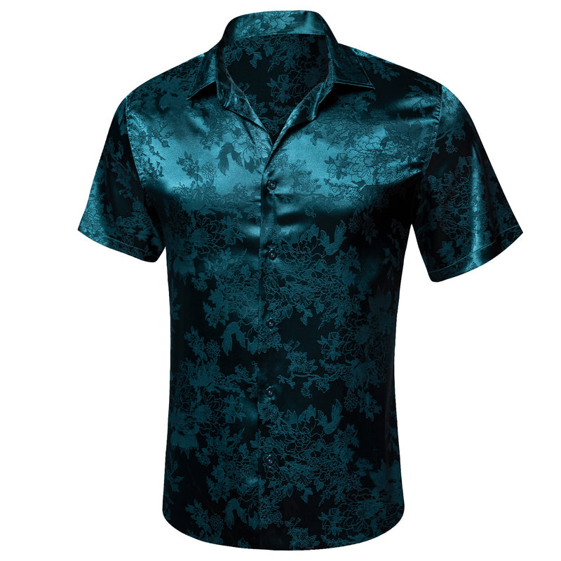 Nile Blue Floral Leaf Silk Dress Shirt shirt    - Sophisticated Gentlemen