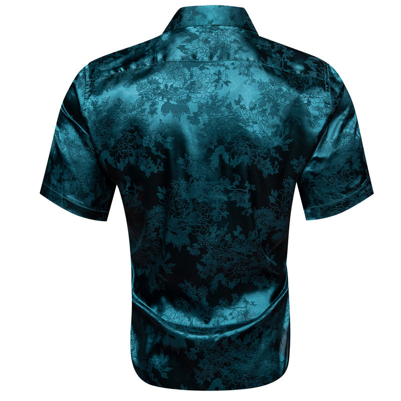 Nile Blue Floral Leaf Silk Dress Shirt shirt    - Sophisticated Gentlemen