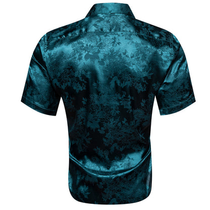 Nile Blue Floral Leaf Silk Dress Shirt shirt    - Sophisticated Gentlemen