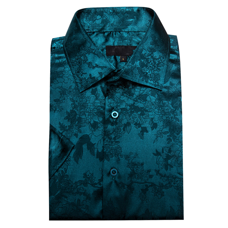 Nile Blue Floral Leaf Silk Dress Shirt shirt    - Sophisticated Gentlemen