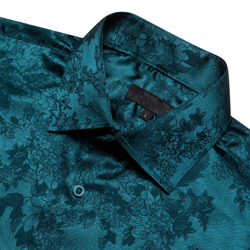 Nile Blue Floral Leaf Silk Dress Shirt shirt    - Sophisticated Gentlemen