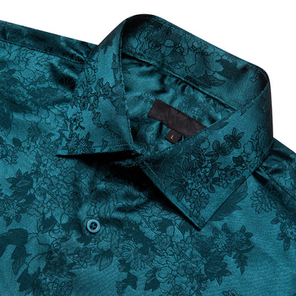 Nile Blue Floral Leaf Silk Dress Shirt shirt    - Sophisticated Gentlemen