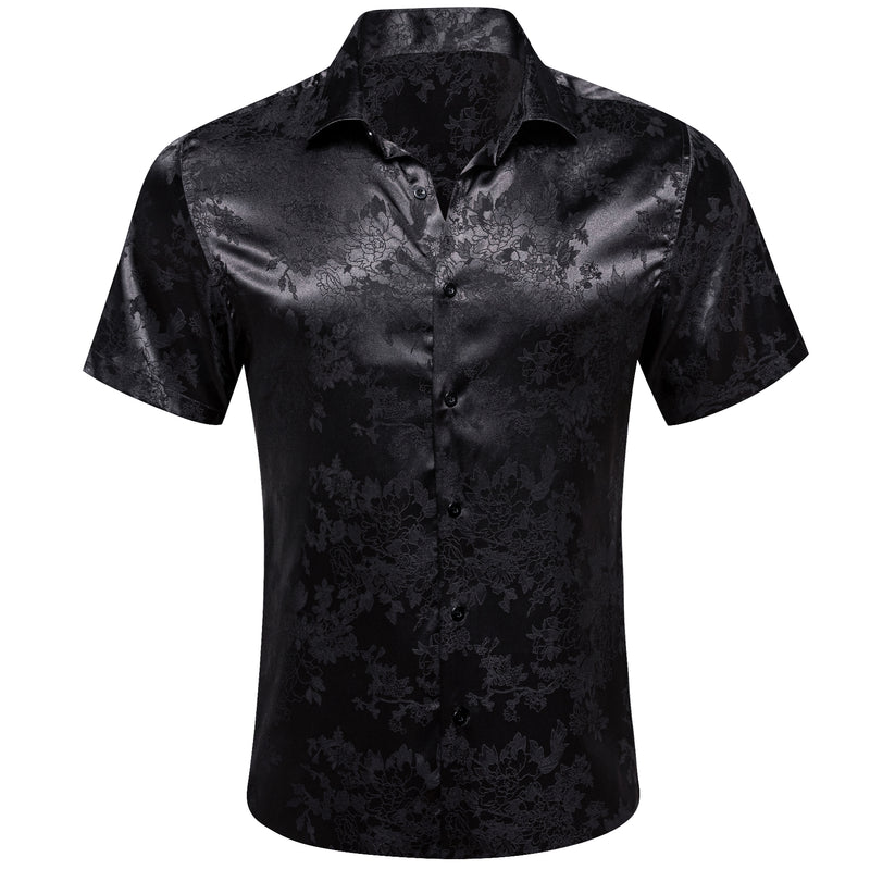 Black Floral Silk Men's Dress Shirt shirt S   - Sophisticated Gentlemen