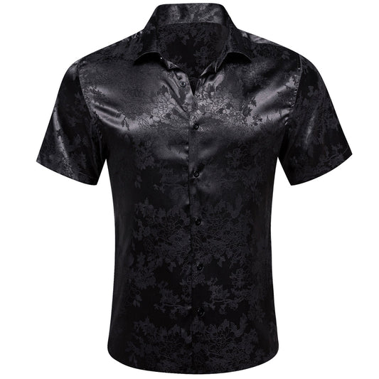 Black Floral Silk Men's Dress Shirt shirt S   - Sophisticated Gentlemen