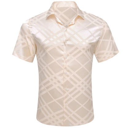Beige Plaid Silk Dress Shirt shirt S   - Sophisticated Gentlemen