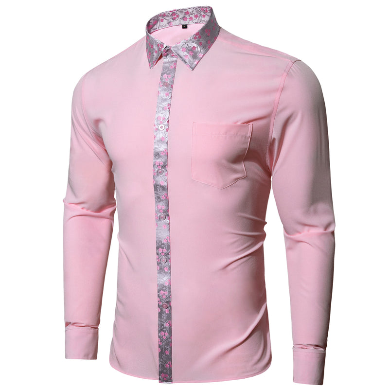 Splicing Style Pink With Pink Silver Floral Edge Dress Shirt shirt    - Sophisticated Gentlemen