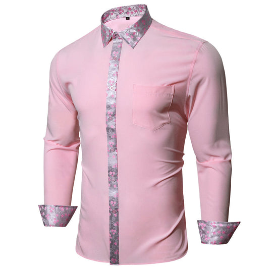 Splicing Style Pink With Pink Silver Floral Edge Dress Shirt shirt S   - Sophisticated Gentlemen