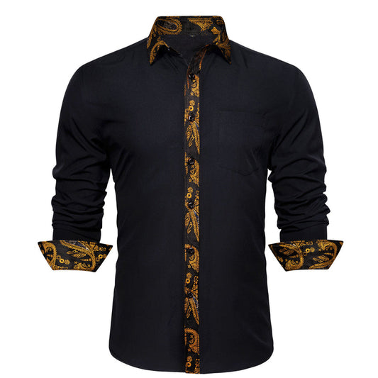 Black With Gold Paisley Flower Edge Dress Shirt shirt S   - Sophisticated Gentlemen