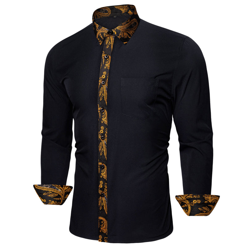 Black With Gold Paisley Flower Edge Dress Shirt shirt    - Sophisticated Gentlemen