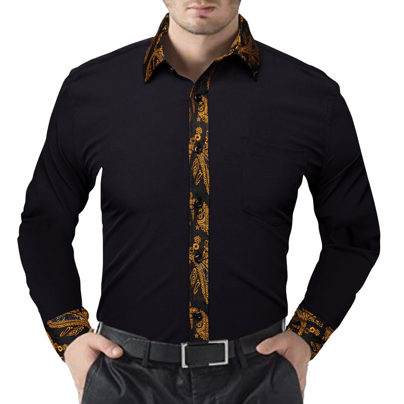 Black With Gold Paisley Flower Edge Dress Shirt shirt    - Sophisticated Gentlemen