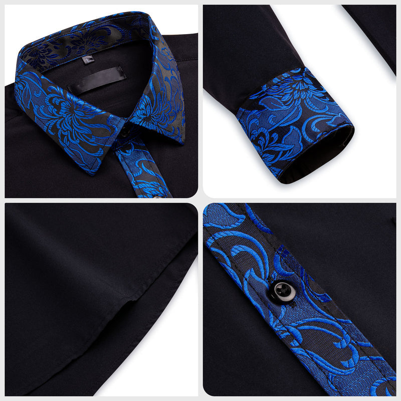 Black With Klein Blue Flower Edge Dress Shirt shirt    - Sophisticated Gentlemen