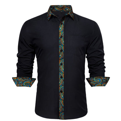 Black With Colorful Green Blue Gold Paisley Edge Dress Shirt shirt S   - Sophisticated Gentlemen