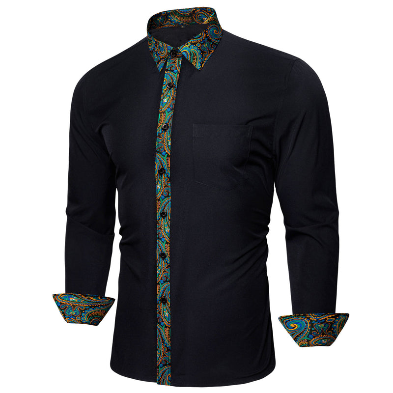 Black With Colorful Green Blue Gold Paisley Edge Dress Shirt shirt    - Sophisticated Gentlemen