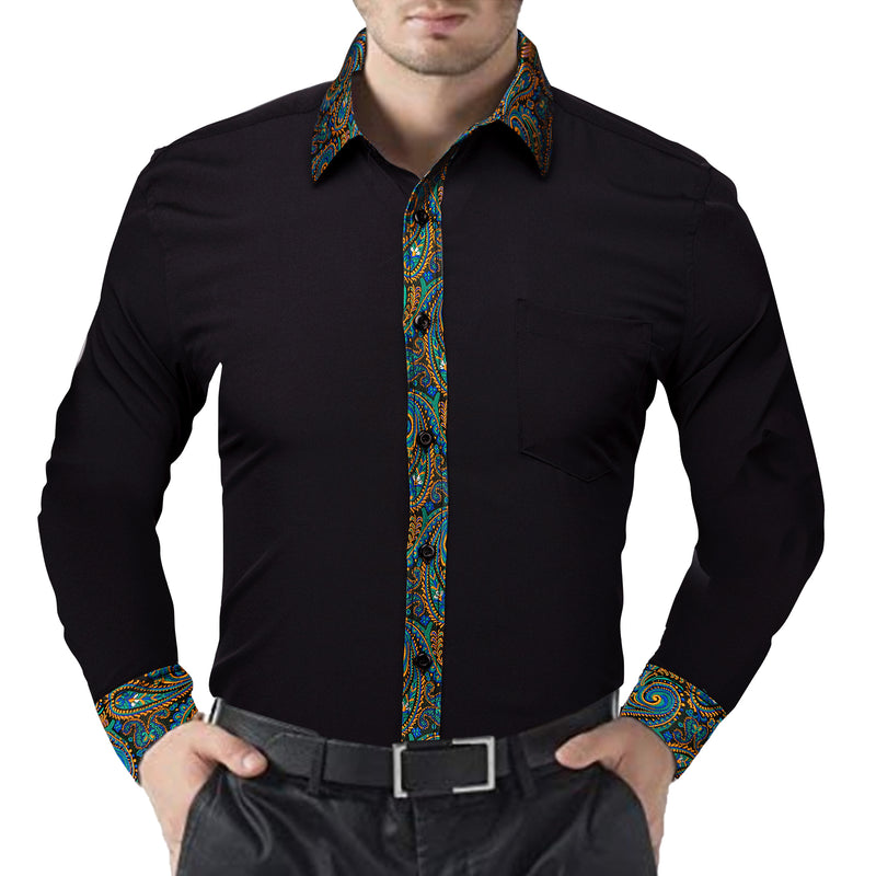 Black With Colorful Green Blue Gold Paisley Edge Dress Shirt shirt    - Sophisticated Gentlemen