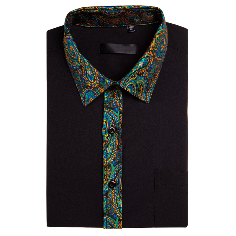 Black With Colorful Green Blue Gold Paisley Edge Dress Shirt shirt    - Sophisticated Gentlemen