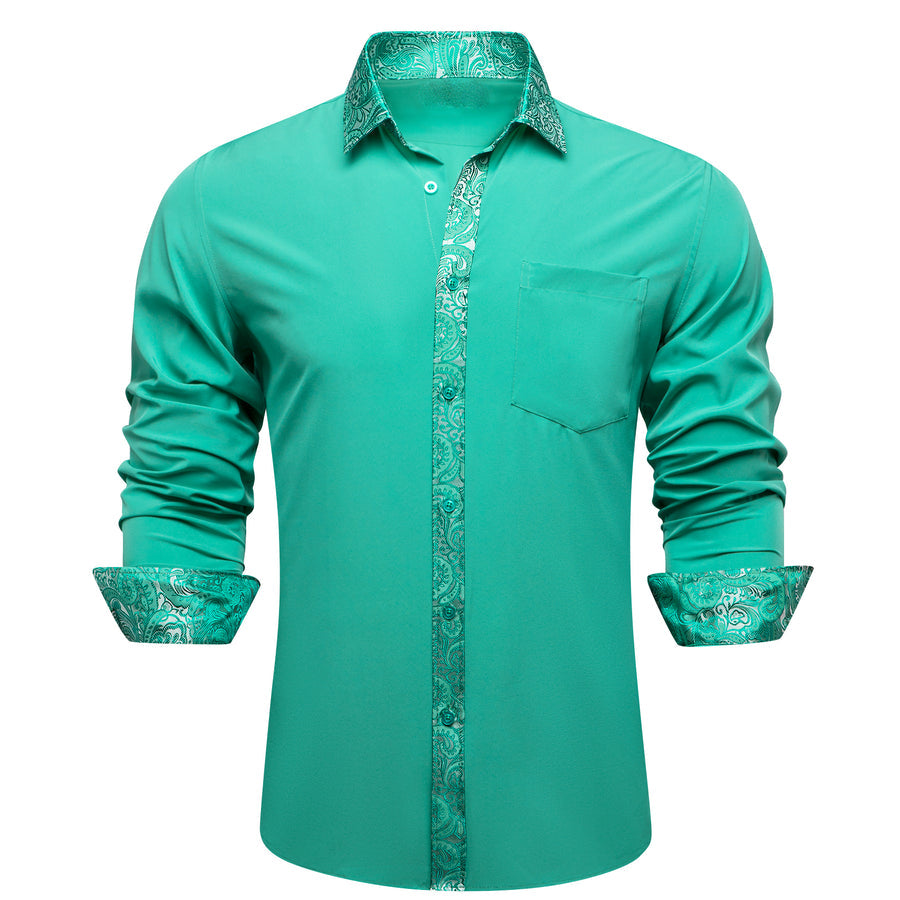 Aqua Blue With Silver Green Paisley Edge Dress Shirt shirt S   - Sophisticated Gentlemen