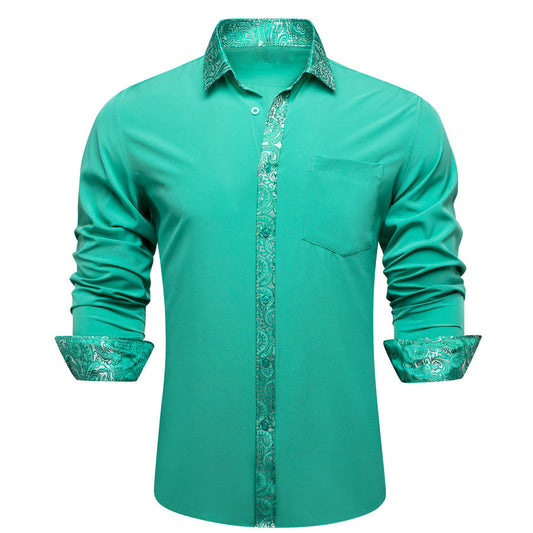 Aqua Blue With Silver Green Paisley Edge Dress Shirt shirt S   - Sophisticated Gentlemen
