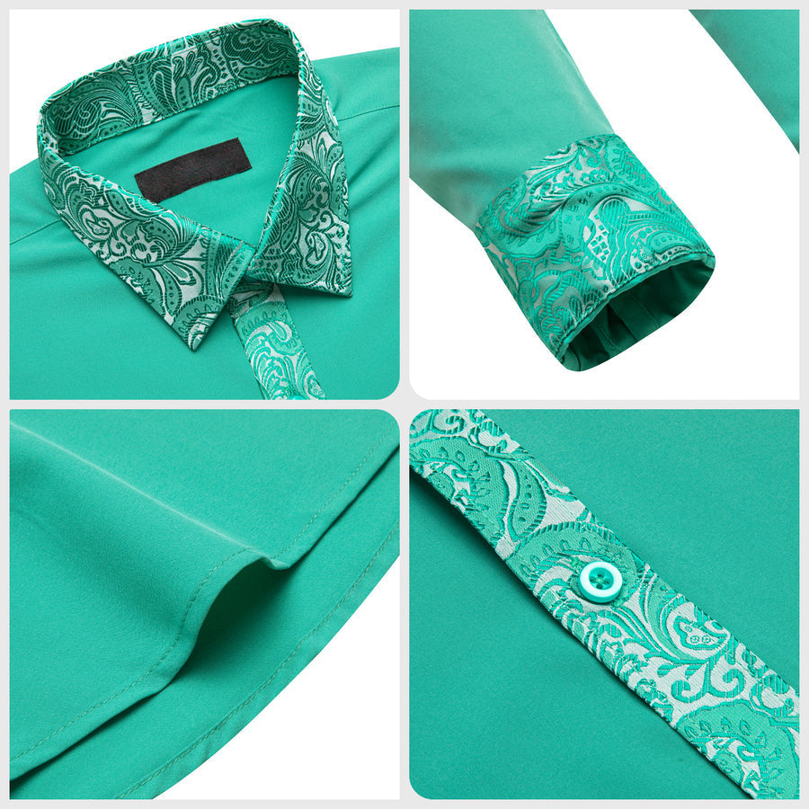 Aqua Blue With Silver Green Paisley Edge Dress Shirt shirt    - Sophisticated Gentlemen