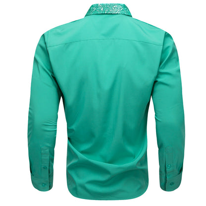 Aqua Blue With Silver Green Paisley Edge Dress Shirt shirt    - Sophisticated Gentlemen