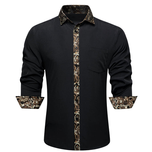 Black With Brown White Paisley Edge Dress Shirt shirt S   - Sophisticated Gentlemen