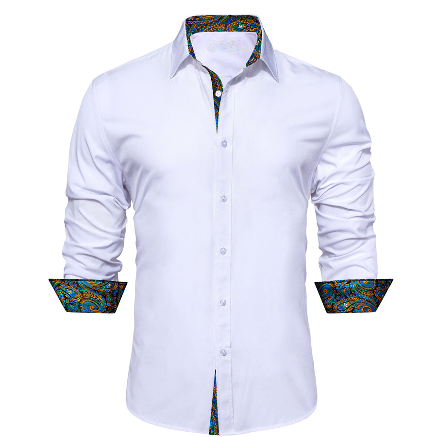White With Blue Green Paisley Edge Dress Shirt shirt S   - Sophisticated Gentlemen