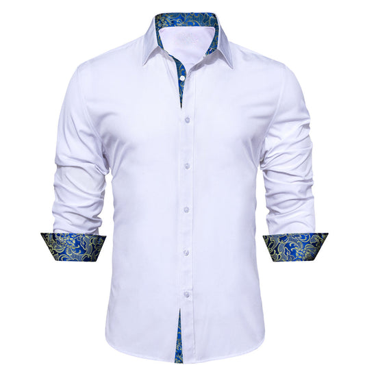 White With Blue Yellow Floral Edge Dress Shirt shirt S   - Sophisticated Gentlemen
