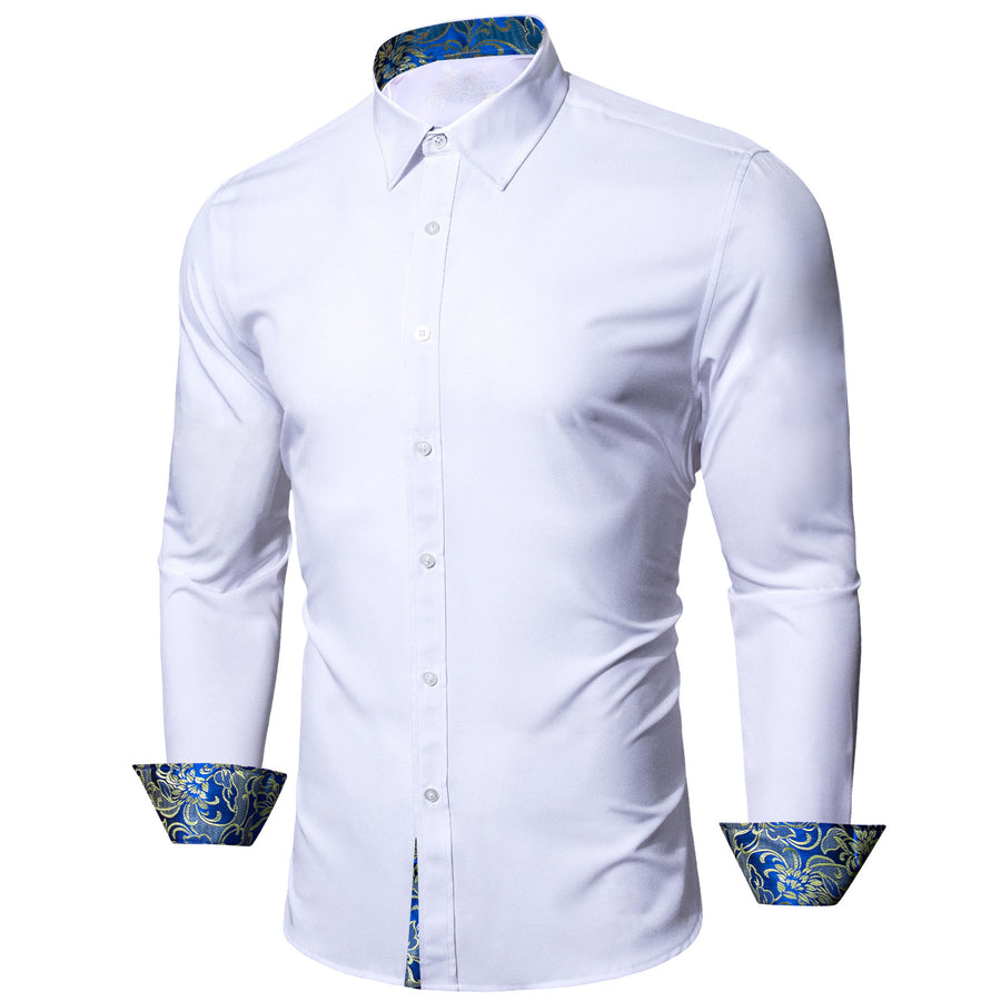 White With Blue Yellow Floral Edge Dress Shirt shirt    - Sophisticated Gentlemen